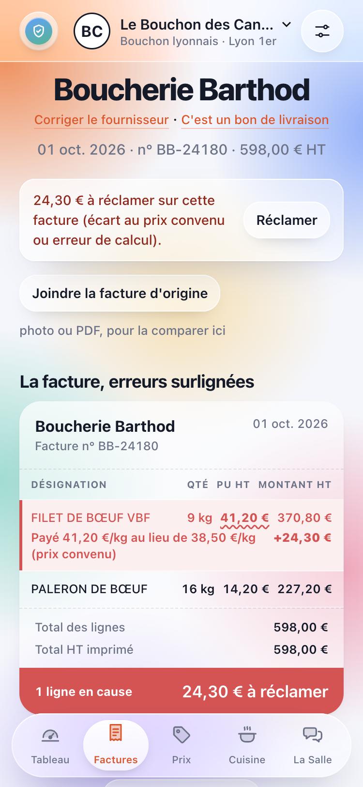 Une facture contrôlée : filet de bœuf payé 41,20 €/kg au lieu de 38,50 €, 24,30 € à réclamer