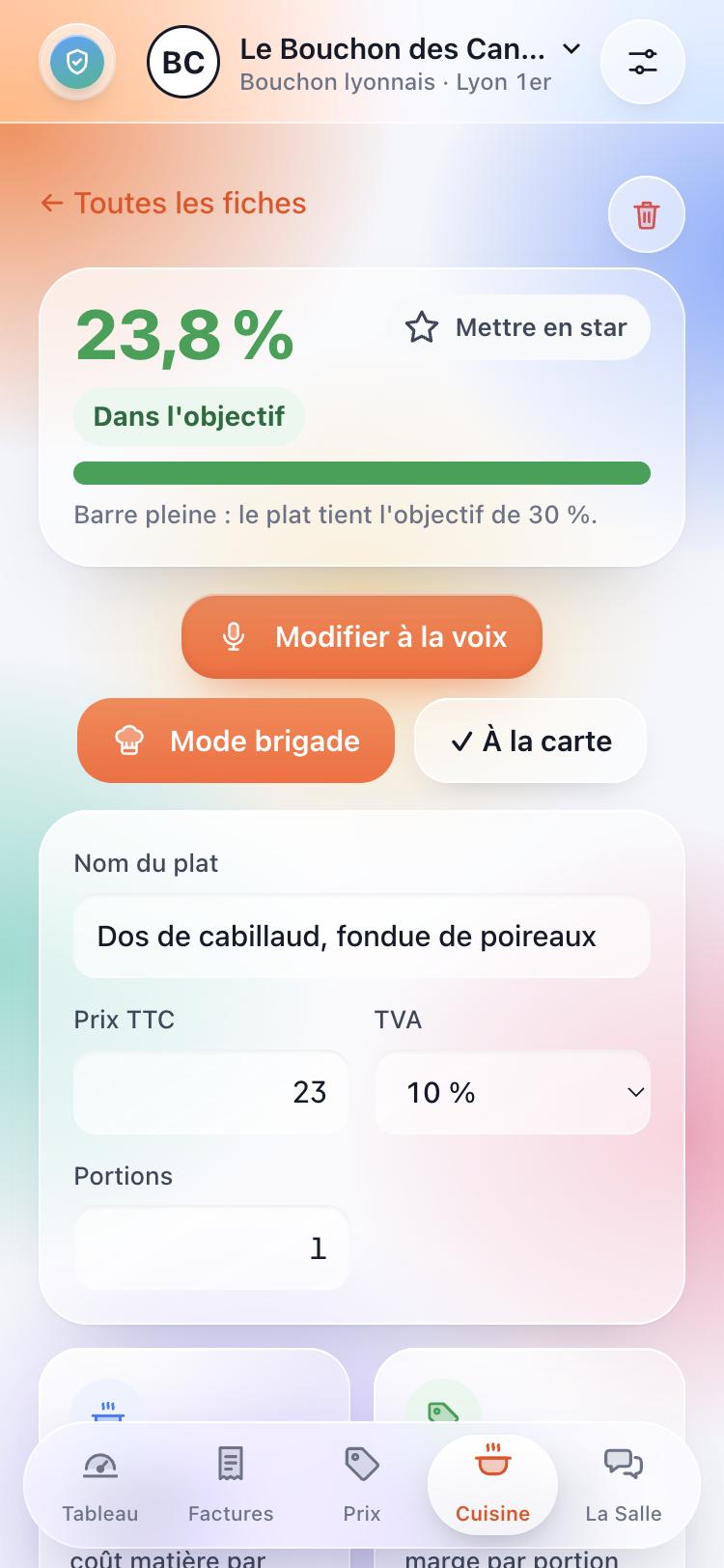 Fiche technique : food cost à 23,8 %, dans l'objectif